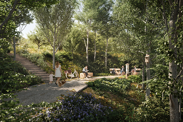 Przy inwestycji Perspektywa w Gdańsku zaplanowano zielony park osiedlowy z alejkami spacerowymi. Wiz. Dom Development Przy inwestycji Perspektywa w Gdańsku zaplanowano zielony park osiedlowy z alejkami spacerowymi. Wiz. Dom Development