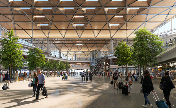 Atrium, czyli wspólna przestrzeń przesiadkowa dla pasażerów lotniska, kolei i autobusów. Atrium, czyli wspólna przestrzeń przesiadkowa dla pasażerów lotniska, kolei i autobusów.